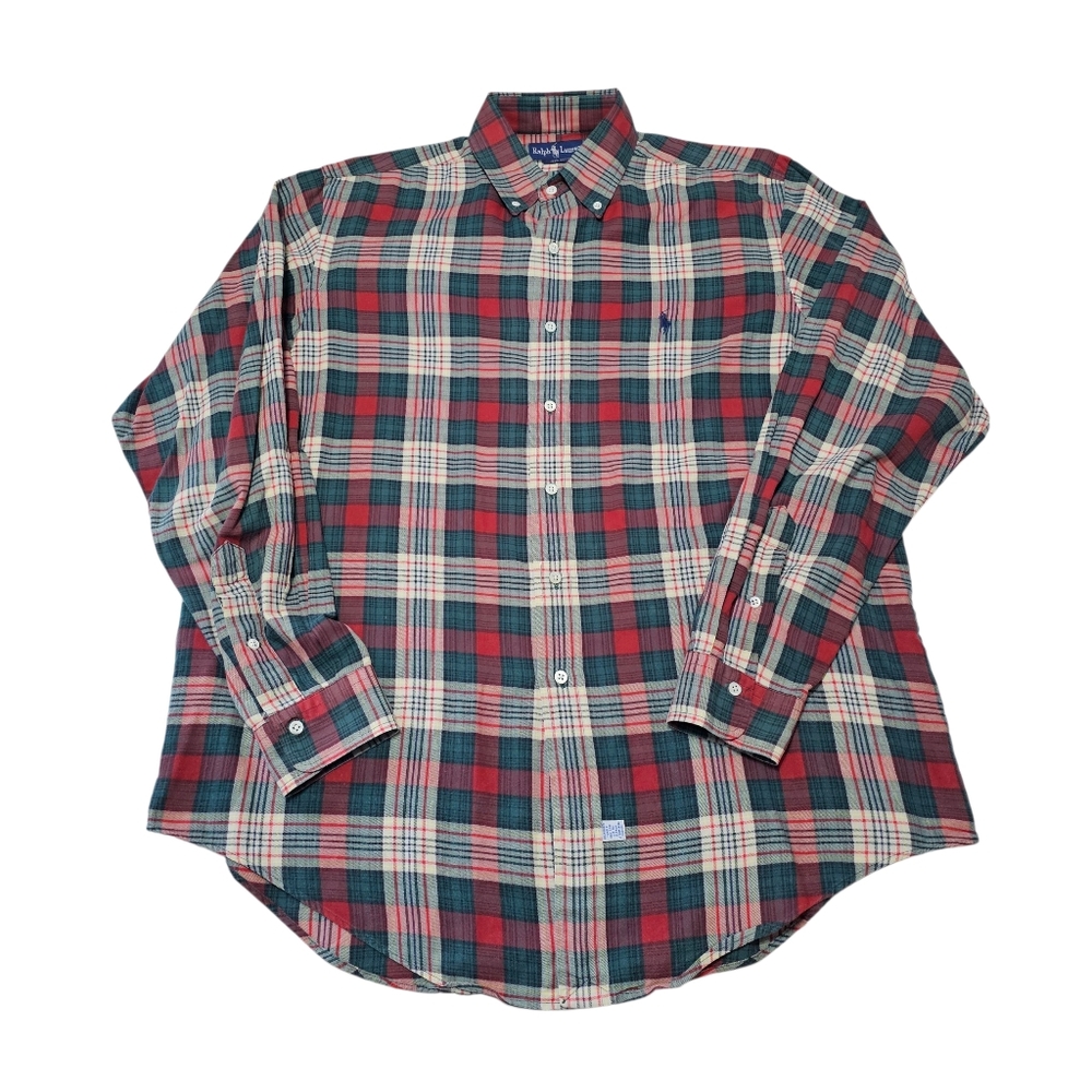 Ralph Lauren Men's Cotton Red/Green Plaid Button Down Long Sleeve Shirt Sz L